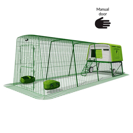 Green Eglu Cube chicken coop with wheels and manual door plus 4m run