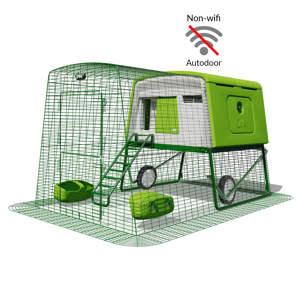 Green Eglu Cube chicken coop with wheels and non-wifi Autodoor plus 2m run