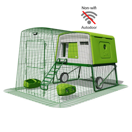 Green Eglu Cube chicken coop with wheels and non-wifi Autodoor plus 2m run