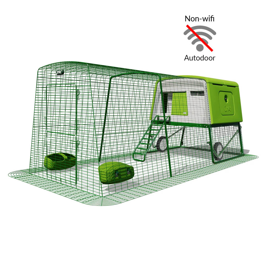Green Eglu Cube chicken coop with wheels and non-wifi Autodoor plus 3m run