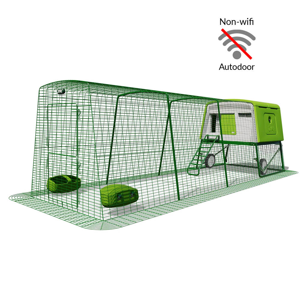 Green Eglu Cube chicken coop with wheels and non-wifi Autodoor plus 4m run