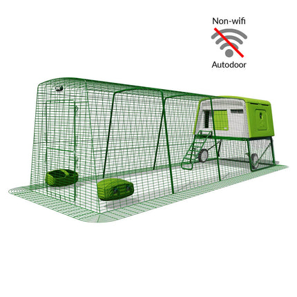 Green Eglu Cube chicken coop with wheels and non-wifi Autodoor plus 4m run