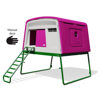 Purple Eglu Cube chicken coop with manual door