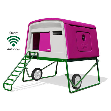 Purple Eglu Cube chicken coop with wheels and Smart Autodoor