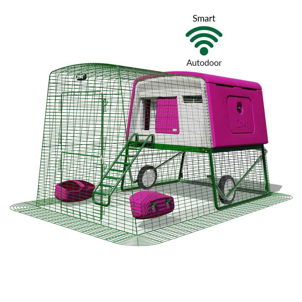 Purple Eglu Cube chicken coop with wheels and Smart Autodoor plus 2m run