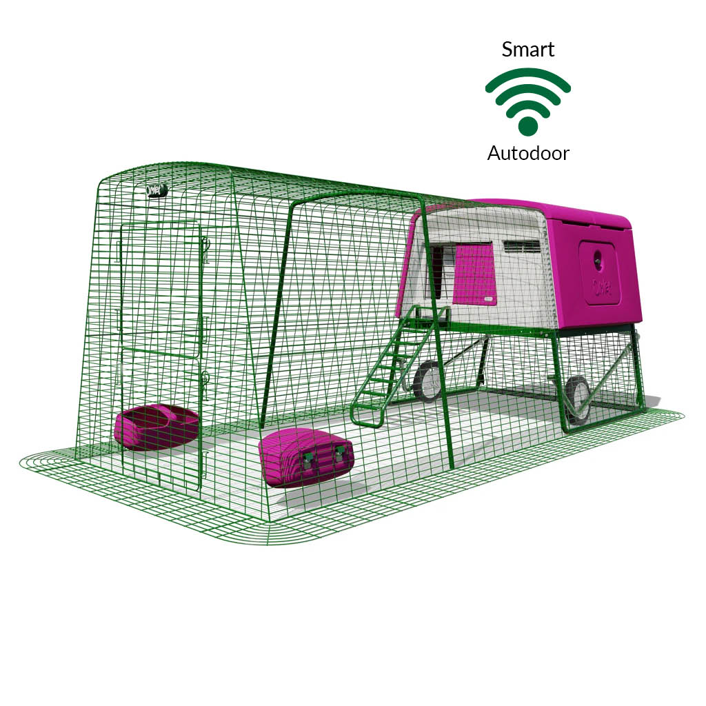 Purple Eglu Cube chicken coop with wheels and Smart Autodoor plus 3m run