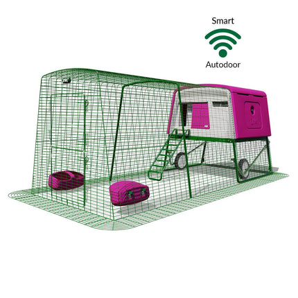 Purple Eglu Cube chicken coop with wheels and Smart Autodoor plus 3m run