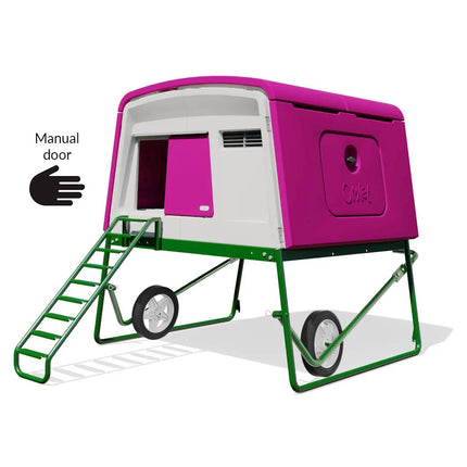Purple Eglu Cube chicken coop with wheels and manual door