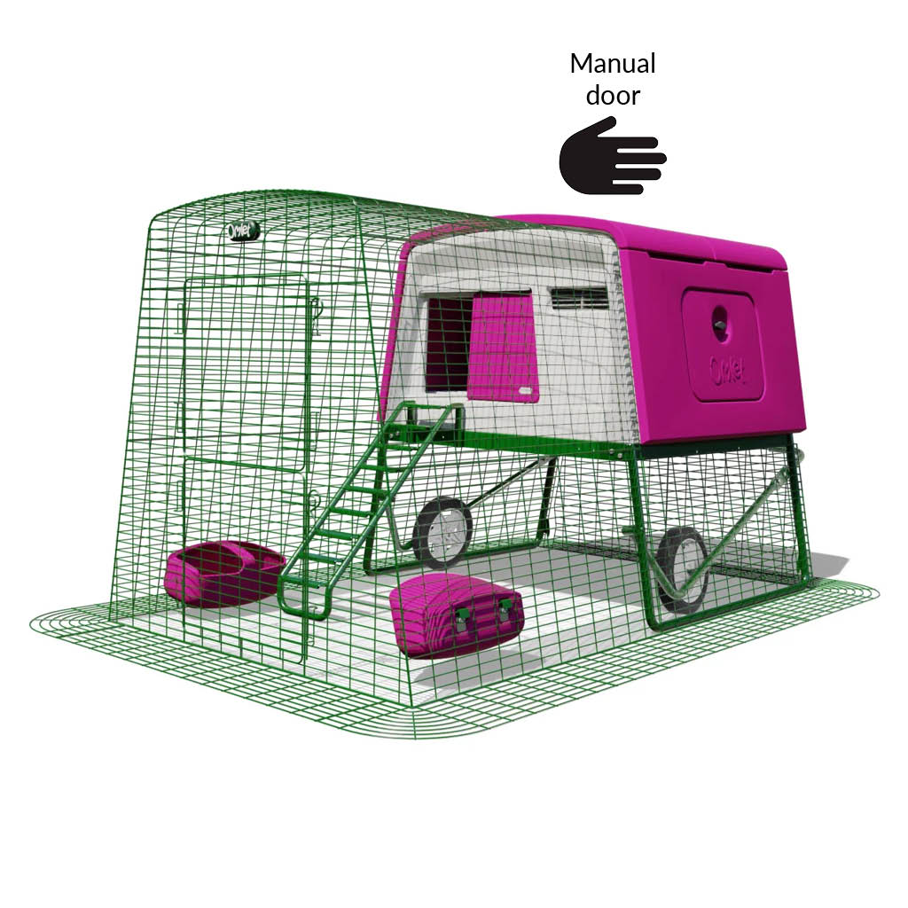 Purple Eglu Cube chicken coop with wheels and manual door plus 2m run