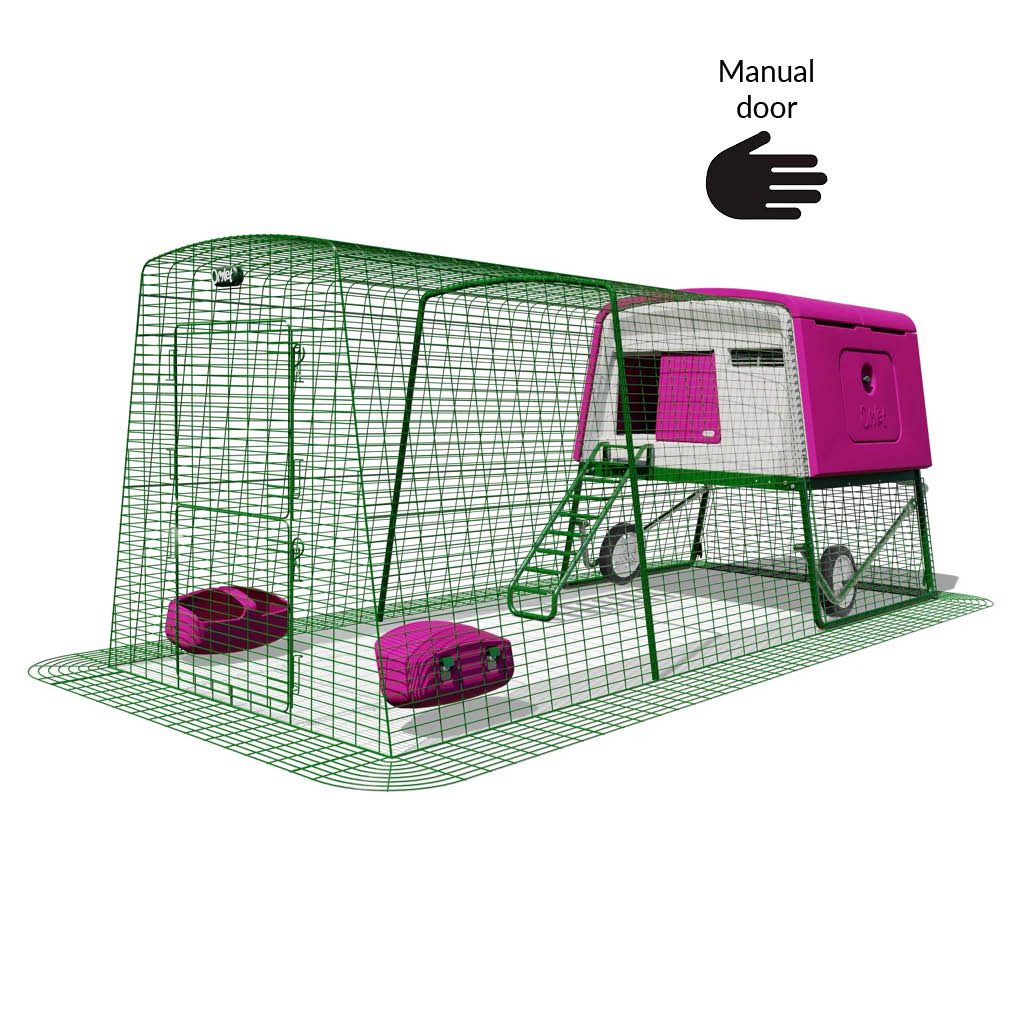 Purple Eglu Cube chicken coop with wheels and manual door plus 3m run