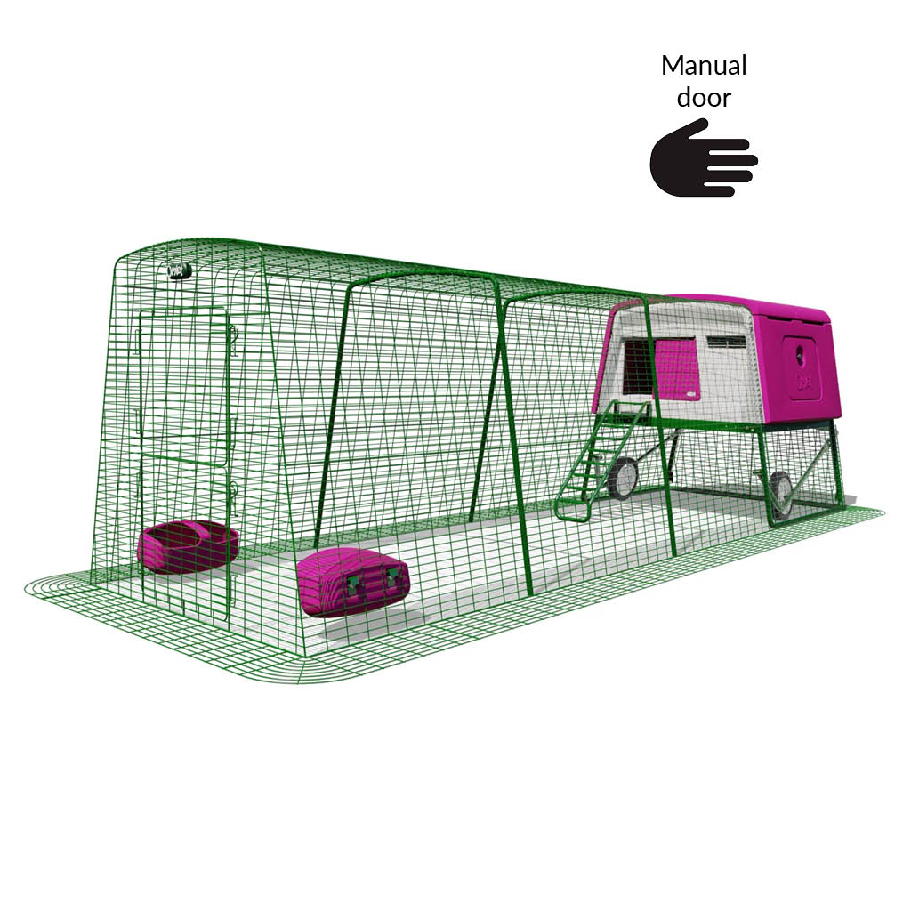 Purple Eglu Cube chicken coop with wheels and manual door plus 4m run