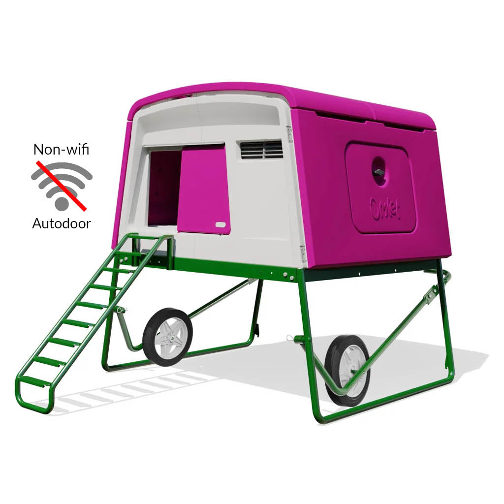 Purple Eglu Cube chicken coop with wheels and non-wifi Autodoor