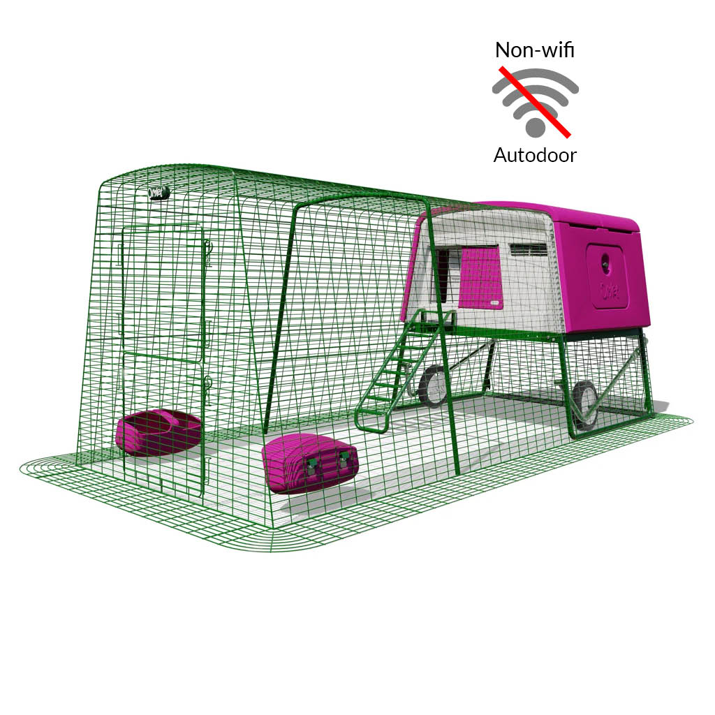 Purple Eglu Cube chicken coop with wheels and non-wifi Autodoor plus 3m run