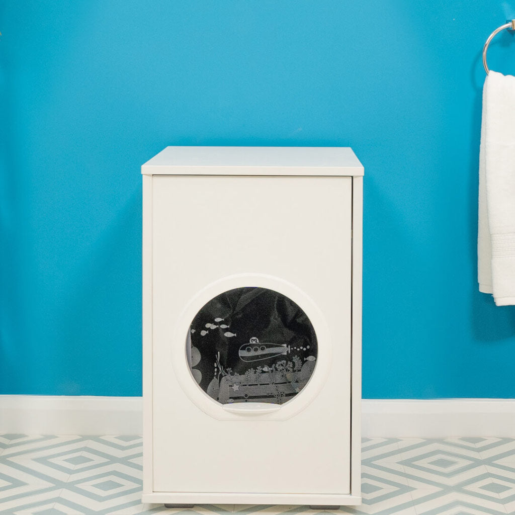 Maya Enclosed Cat Litter Box with Storage is a side entry cat litter box furniture solution, with easy walk in access, perfect for elderly or less agile cats