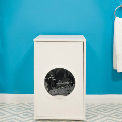 Maya Enclosed Cat Litter Box with Storage is a side entry cat litter box furniture solution, with easy walk in access, perfect for elderly or less agile cats